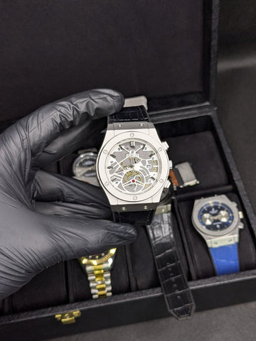 HB Skeleton Silver Dial (Black Strap)