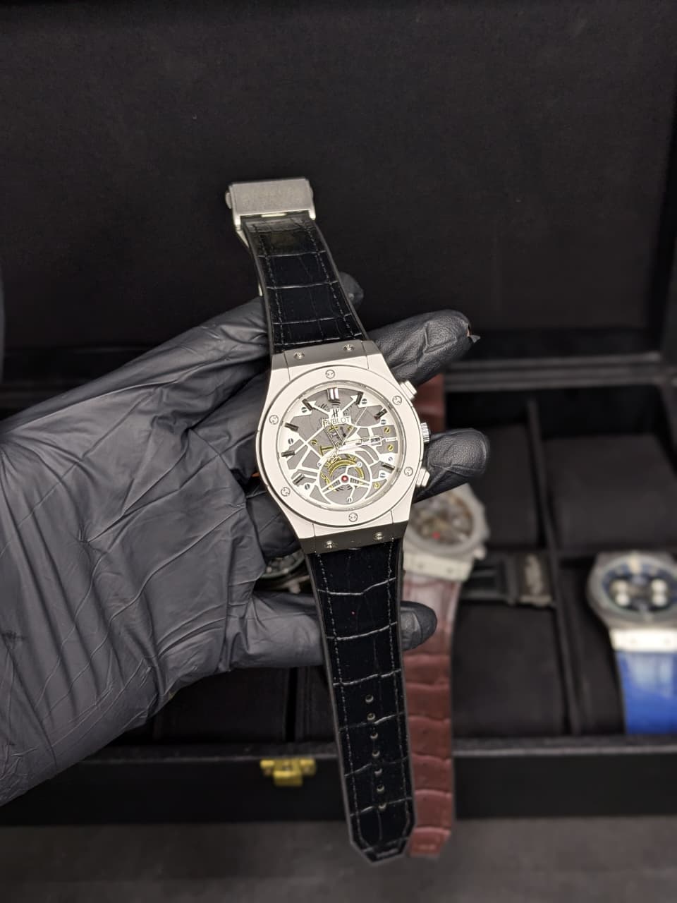 HB Skeleton Silver Dial (Black Strap)